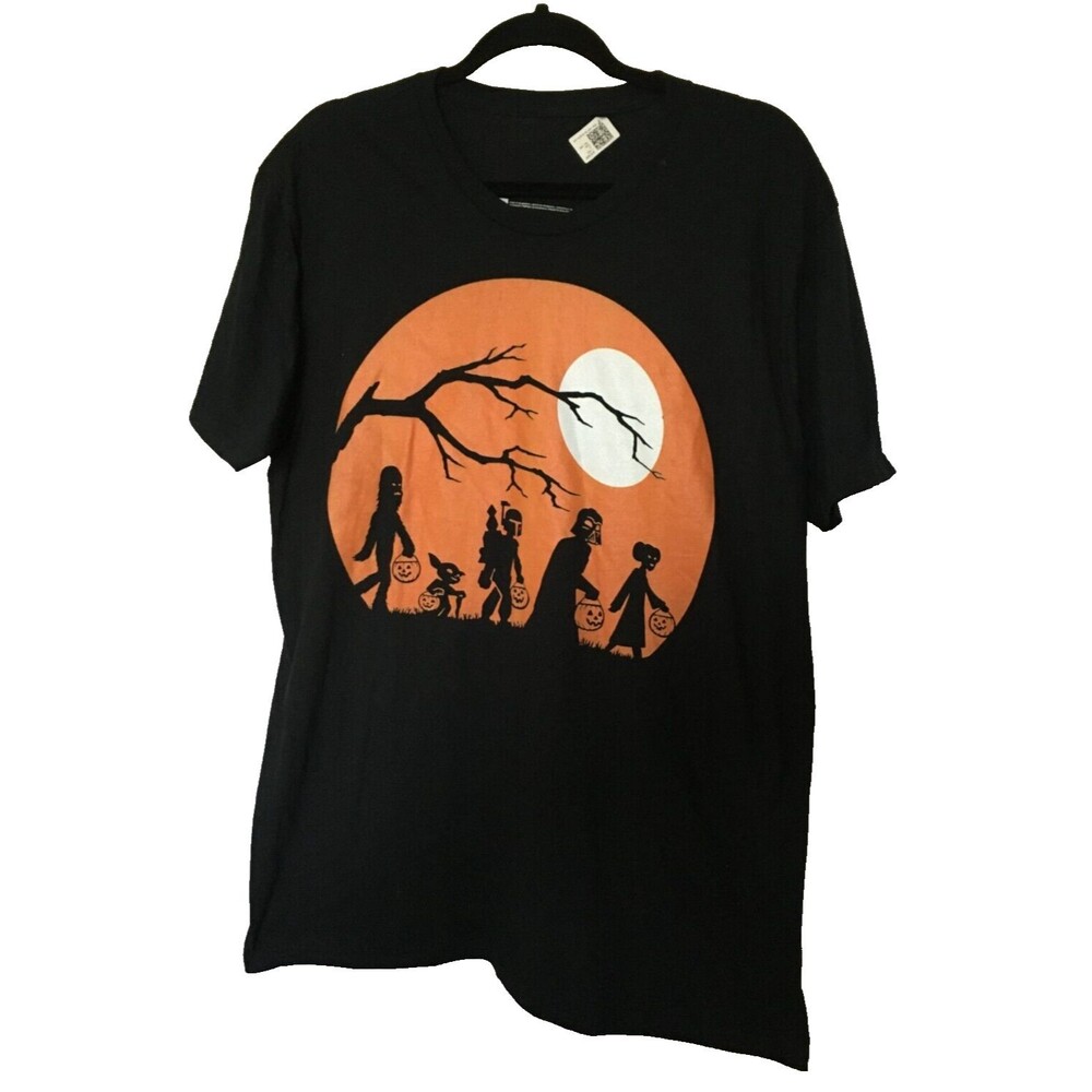 Halloween T-shirt Size Large Black Orange Pumpkins Moon Cotton Chest 43" Unisex